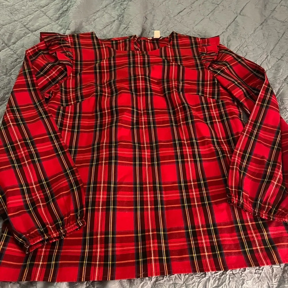 J. Crew Red Plaid Long Sleeve Ruffle Top. Womens XS